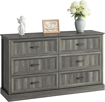 Farmhouse 6 Drawer Dresser for Bedroom, 55 Inch Wide Modern Grey Dresser TV Stand with Large Drawers & Bar Handles, Rustic Wood Chest of Drawers for Bedroom, Living Room
