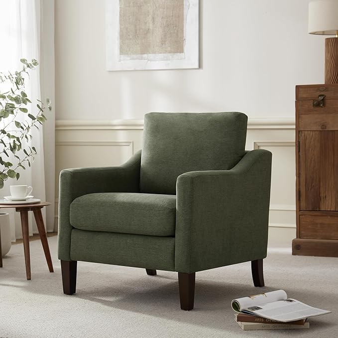 VKNOW Mid Century Modern Accent Chair, Upholstered Living Room Chairs Armchair for Bedroom, Comfy Reading Accent Chairs with Wood Legs for Living Room (2, Green)