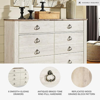 Signature Design by Ashley Willowton Coastal Cottage 6 Drawer Dresser with Faux Plank Top, Whitewash