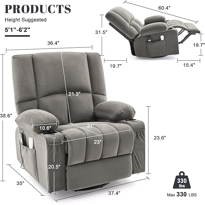 Oversized Recliner Chairs for Adults, 270° Swivel Rocking Recliner with Heat and Massage Lazy Boy Recliner,Recliner Chairs Single Sofa Seat with Cup Holders(Grey, Electric)