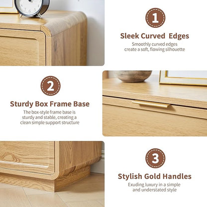 Modern Nightstand Set of 2 for Bedroom, 26'' Wide Wood 3 Drawers Bedside Table, Large Dresser w/Curved Profile Design, Side Table, End Table with Storage Drawers for Living Room, Entryway, Natural