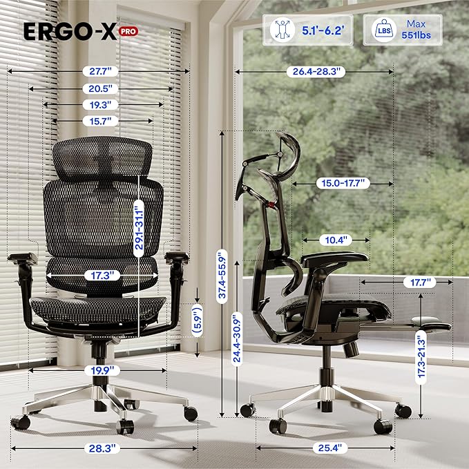 FLEXISPOT ErgoX-PRO Ergonomic Office Chair with Footrest Black – 5D Lumbar, 7D Armrests, 4D Headrest, 551LB Capacity, AeroWeave 5.0 Mesh Seat – Office, Gaming, Bedroom