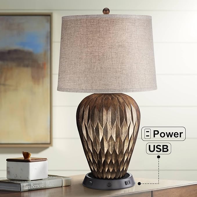 Possini Euro Design Buckhead Modern Table Lamp with Dimmable USB Workstation Charging Base Geometric 28" Tall Bronze Tapered Fabric Drum Shade for Living Room Bedroom House Bedside Nightstand Home