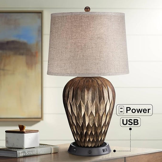 Possini Euro Design Buckhead Modern Table Lamp with Dimmable USB Workstation Charging Base Geometric 28" Tall Bronze Tapered Fabric Drum Shade for Living Room Bedroom House Bedside Nightstand Home