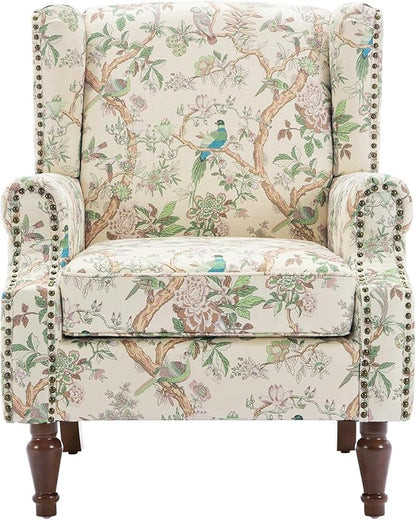 UIXE High Back Floral Accent Chair, Fabric Upholstered Armchair Wingback Arm Club Chair for Living Room, Nailhead Trim Single Sofa Bedroom Side Reading Seat with Solid Wood Legs - Bird Pattern