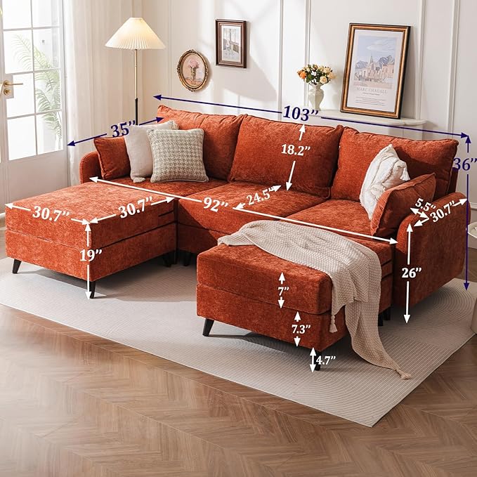 104'' Modular Sectional Sofa with All Seats Storage, Oversized U Shaped Couch for Living Room,3-Seater Comfy Cloud Couches with Movable Ottoman,Big Sectional for Bedroom,Velet,Orange