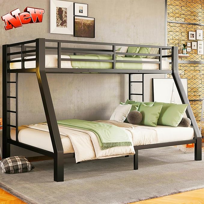 Stronger & Higher Quality Heavy Duty Bunk Bed Twin XL Over Queen Size Bunkbed, Thickened Safer More Stable Steel Metal Queen Bunk Bed (Faster Assembly) (Twin XL Over Queen)