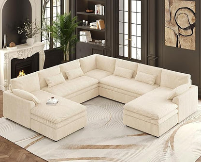 Belffin Large Modular Sectional Sofa with Double Deep Chaise and Loveseat, Corduroy U Shape Couch with 9" Soft Dual-Layer 9 Seats Cushion for Living Room, Apartment, Beige