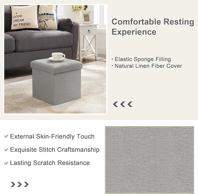 VECELO Storage Ottoman, 11.8'' Folding Footstools, Multipurpose Foot Rest Stool, Foldable Linen Fabric Ottomans, Small Square Ottoman Cube for Living Room/Bed Room/Dorm, Grey