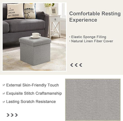 VECELO Storage Ottoman, 11.8'' Folding Footstools, Multipurpose Foot Rest Stool, Foldable Linen Fabric Ottomans, Small Square Ottoman Cube for Living Room/Bed Room/Dorm, Grey