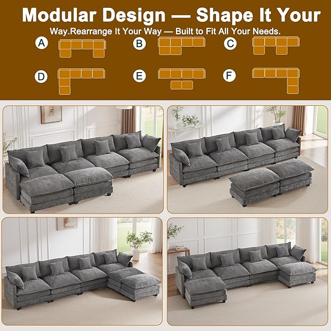 U-Shaped Cloud Chenille Sectional with 2 Ottomans, 146" Modular Sofa for Large Spaces, Ultimate Comfort with Deep Seats & Pillows, Solid Frame, 1YR Warranty