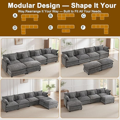 U-Shaped Cloud Chenille Sectional with 2 Ottomans, 146" Modular Sofa for Large Spaces, Ultimate Comfort with Deep Seats & Pillows, Solid Frame, 1YR Warranty