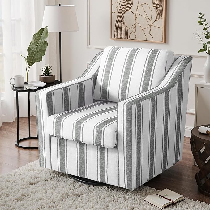 UIXE Swivel Accent Chairs Set of 2, Fabric Upholstered Arm Chair for Living Room, Modern Club Armchair Comfy Single Sofa Bedroom Reading Seat with Lumbar Pillow - Stripe Gray