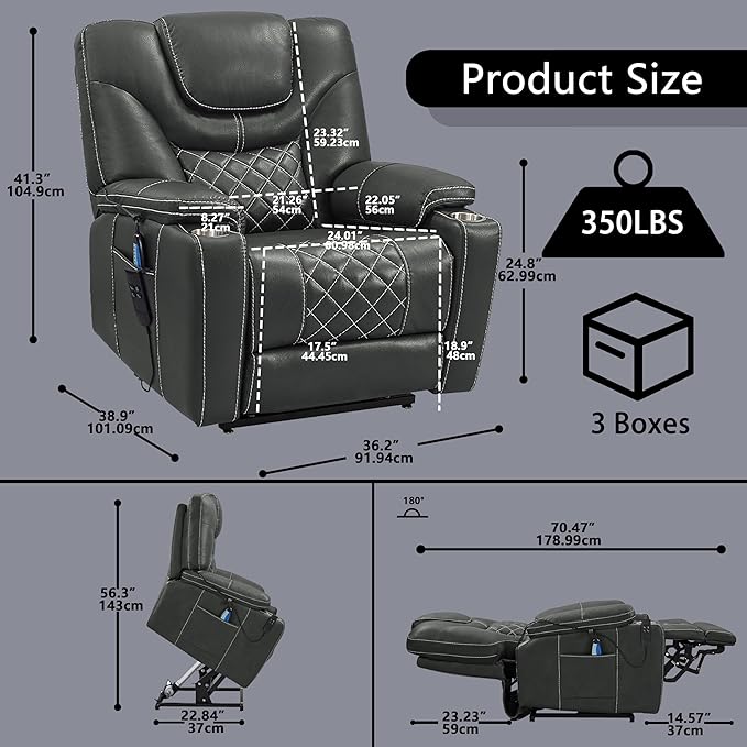 Power Lift Recliner for Seniors: 9988 High Density Foam Lift Chair With Heat and Massage, Reclining To 180, 2 Pockets Cup Holders, 2 Remote Controls, Dual OKIN Motors - Breathable Leather Gray