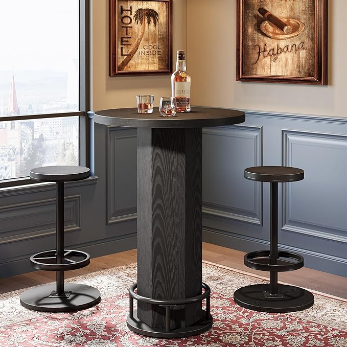 Tribesigns Round Bar Table with Chairs, Industrial Black Bistro Sets with 2 barstools, Small Pub Table with Metal Ring Footrest for Kitchen Nook, Apartment, Small Space