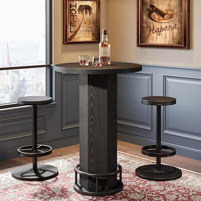 Tribesigns Round Bar Table with Chairs, Industrial Black Bistro Sets with 2 barstools, Small Pub Table with Metal Ring Footrest for Kitchen Nook, Apartment, Small Space