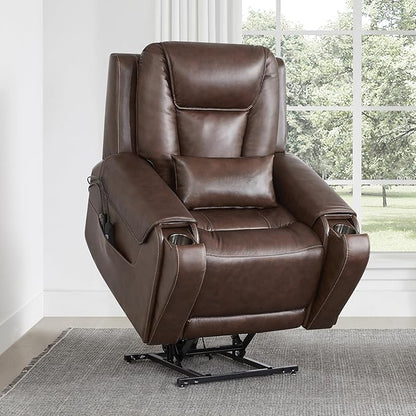 CHITA Electric Power Lift Recliner Chair for Elderly with Massage and Heat, Large Lay Flat Genuine Leather Recliner Chair with Cup Holders, USB Ports, Power Headrest, Independent Backrest, Dark Brown