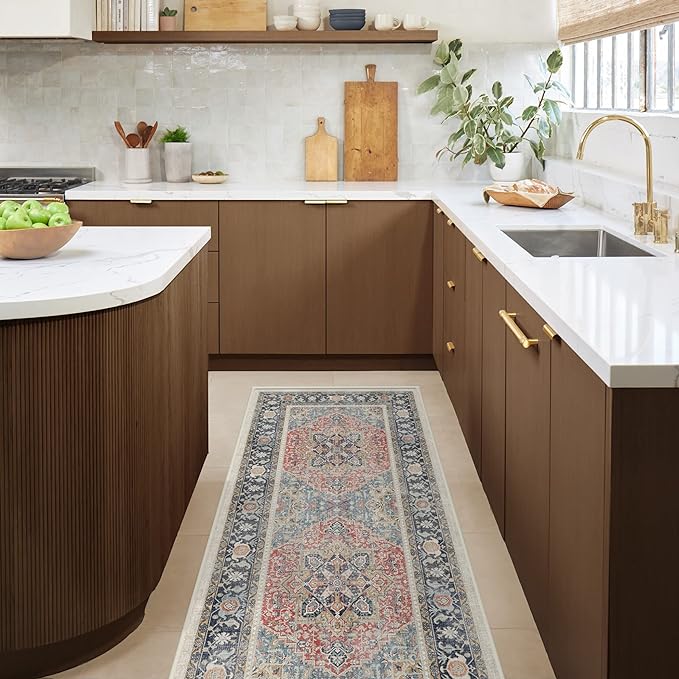 RUGGABLE Washable Vintage Runner Rug – Kamran Cayenne Red 2.5x7, Stain-Resistant, Non-Slip Hallway Runner – Machine Washable Rug for Hallway, Entryway, Living Room & Kitchen–with Cushioned Pad