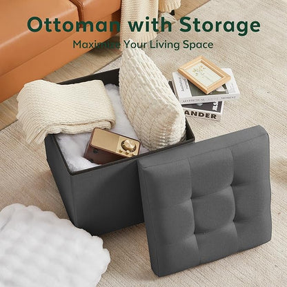17.7" Ottoman with Storage, Square Storage Ottoman for Dorm, Linen Ottomans with Legs for Living Room, Bedroom, Gray