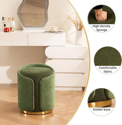 Swivel Vanity Stool with Gold Base Comfy Vanity Chair Modern Round Stool for Makeup Vanity Ottoman Foot Rest for Bedroom livingroom (Green)