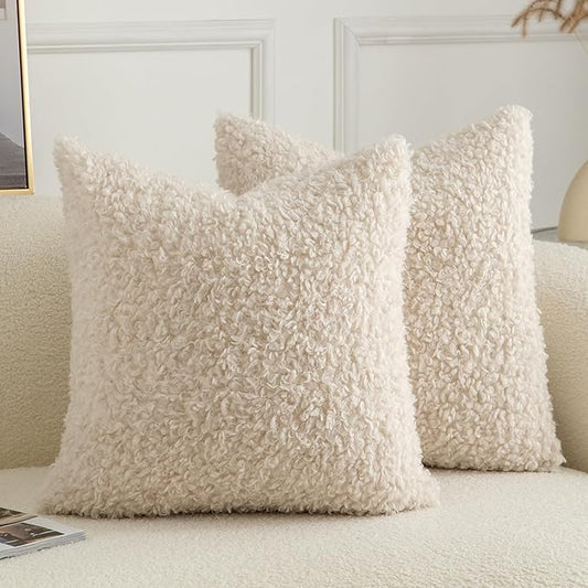 Pack of 2 Curly Teddy Wool Faux Fur Throw Pillow Covers Fuzzy Accent Soft Sherpa Pillowcases Sheepskin Fleece Decorative Cushion Case for Sofa Couch Living Room 22x22 Inch Neutral Light Beige