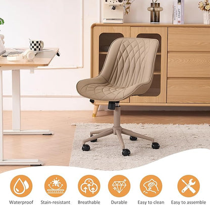 YOUNIKE Khaki Home Office Desk Chair No Arms Comfy Small Vanity Chair Chair with Wheels Swivel Adjustable Modern Ergonomic Task with Back Armless Cute Leather Upholstered Rolling Chair