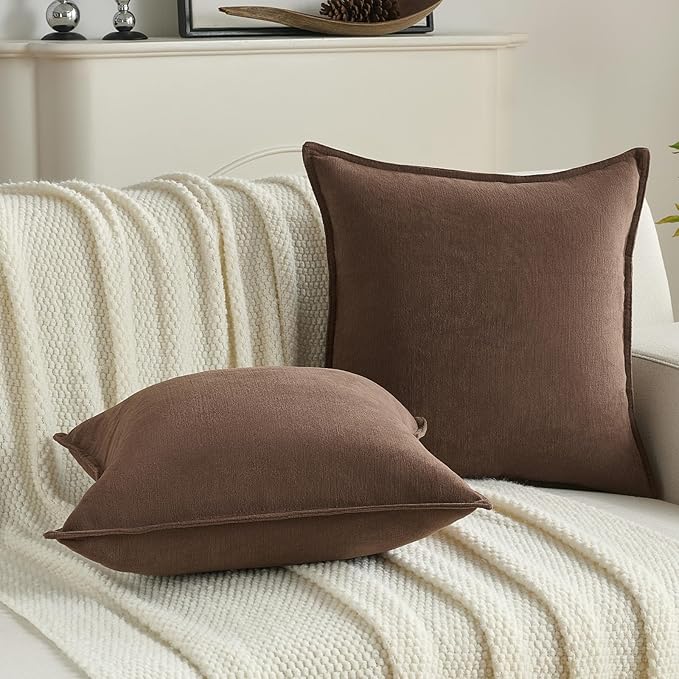 FUTEI Brown Chenille Throw Pillow Covers 24x24 Inch Set of 2,Edges Double-Stitched European Cushion Cases,Modern Home Decor for Couch Living Room