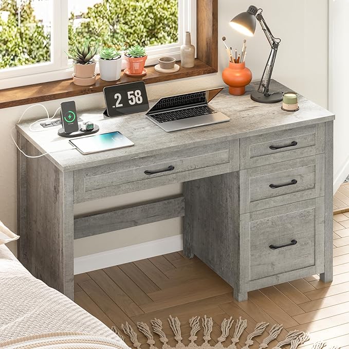 Farmhouse 47" Executive Desk, Computer Desk with File Drawer and Charging Station, Workstation for Home Office, Study（Grey）.