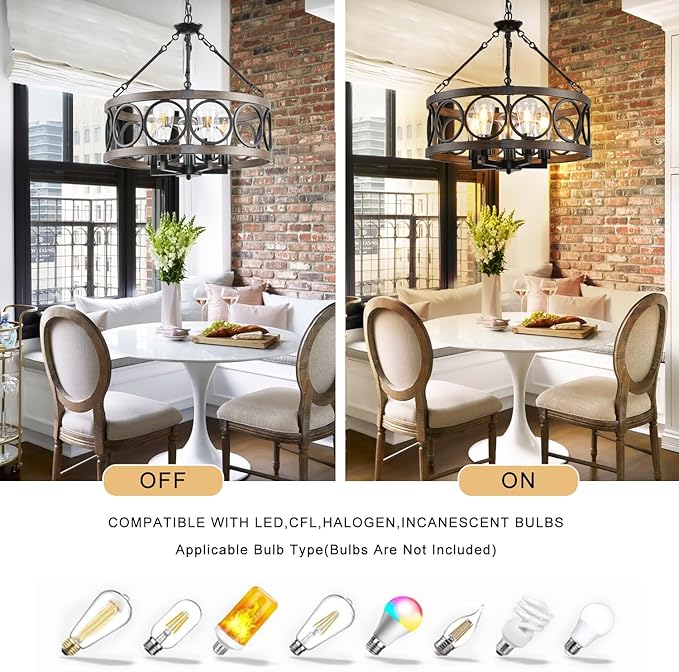 Light Fixtures Ceiling Mount,5 Light Flush Mount Ceiling Light with Chain,Height Adjustable Rustic Farmhouse Chandeliers for Dining Room,19.71" Black Chandelier Modern Pendant Light Fixture