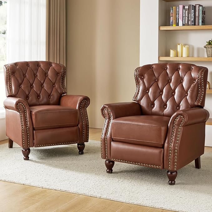 HULALA HOME Genuine Leather Recliner Chair with Solid Wood Feet, Modern Adjustable Tufted Push Back Arm Chair w/Rivet Decoration, Home Theater Seating Single Reclining Sofa for Living Room, Brown