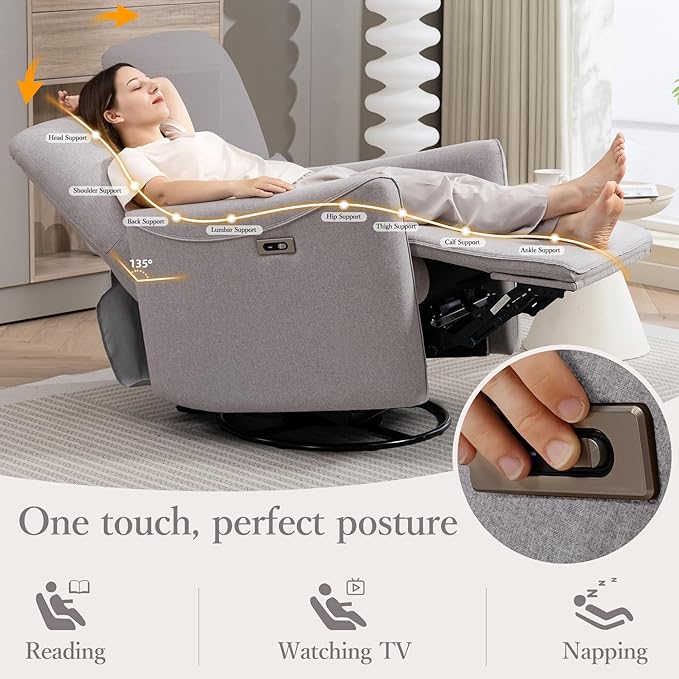 Power Swivel Recliner Chair, Upholstered Fabric Glider Electric Rocking Chair for Adults. Nursery Rocker Single Sofa with Lumbar Support for Living Room. Dual-Port Charging: Type-C&USB, Grey