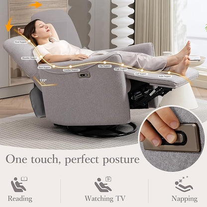 Power Swivel Recliner Chair, Upholstered Fabric Glider Electric Rocking Chair for Adults. Nursery Rocker Single Sofa with Lumbar Support for Living Room. Dual-Port Charging: Type-C&USB, Grey