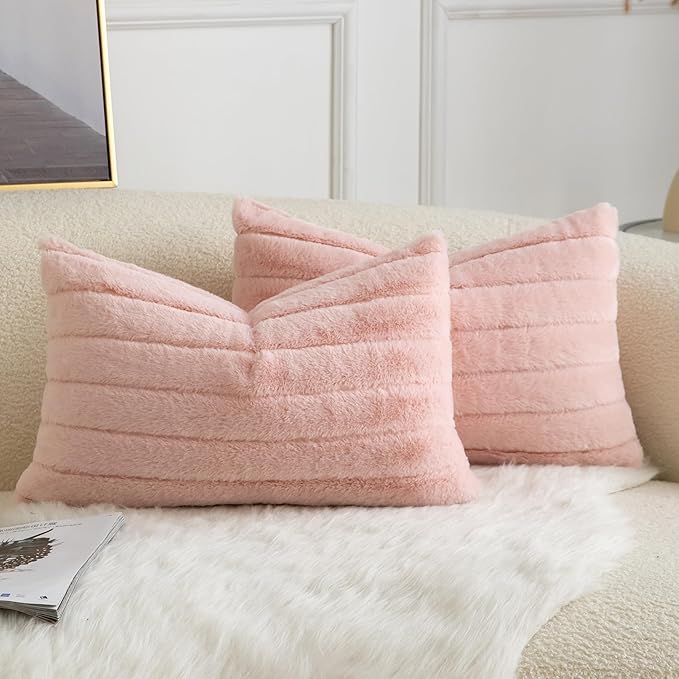Pack of 2 Faux Fur Throw Pillow Covers 12x20 Inch Striped Decorative Soft Plush Couch Pillow Case Home Decor for Bed, Sofa, Living Room Pink