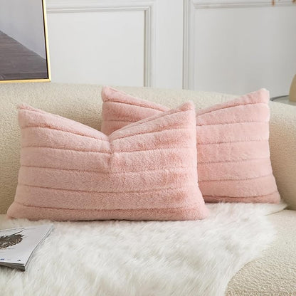 Pack of 2 Faux Fur Throw Pillow Covers 12x20 Inch Striped Decorative Soft Plush Couch Pillow Case Home Decor for Bed, Sofa, Living Room Pink