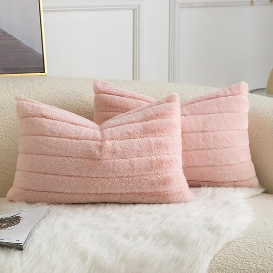 Pack of 2 Faux Fur Throw Pillow Covers 12x20 Inch Striped Decorative Soft Plush Couch Pillow Case Home Decor for Bed, Sofa, Living Room Pink