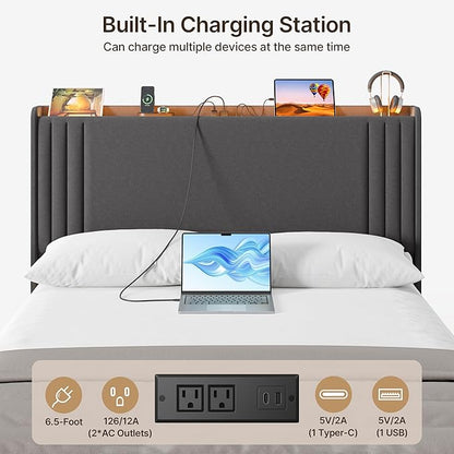 Gizoon Queen Bed Frame with Charging Station and LED Lights,Upholstered Wingback Platform Bed with Wooden Slats,Noise-Free,No Box Spring Needed