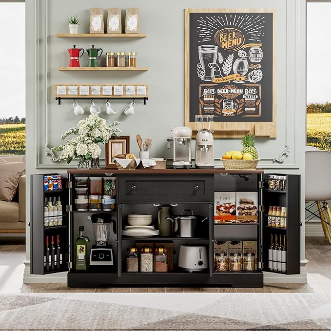 55.1" Buffet Cabinet with Storage, Charging Station, Modern Kitchen Buffet Sideboard with Drawer, Black Wood Coffee Bar with Adjustable Shelves & Spice Rack, Kitchen Storage Cabinet for Living Room