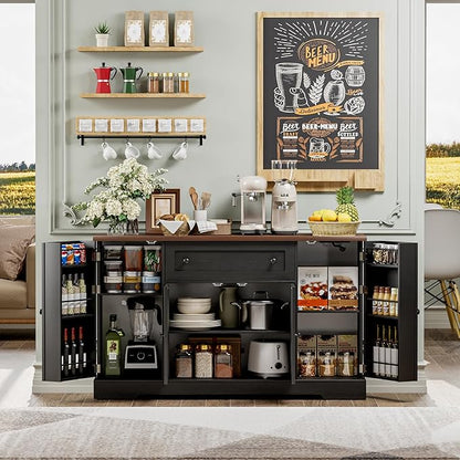 55.1" Buffet Cabinet with Storage, Charging Station, Modern Kitchen Buffet Sideboard with Drawer, Black Wood Coffee Bar with Adjustable Shelves & Spice Rack, Kitchen Storage Cabinet for Living Room