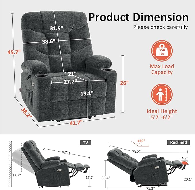 MCombo Oversized Power Lift Recliner Chair with Extended Footrest for Elderly People, Fabric R7399 (Dark Gray, Large-Oversize)