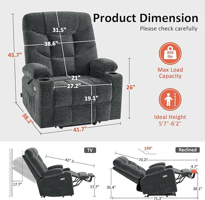 MCombo Oversized Power Lift Recliner Chair with Extended Footrest for Elderly People, Fabric R7399 (Dark Gray, Large-Oversize)