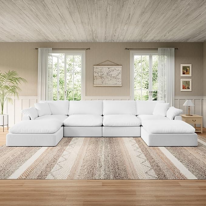 Modular Sectional Sofa Cloud Couch,Down Filled Comfy Cloud Modern Sofa,White Linen U Shape 6 Seater Oversized Couch Cushion Covers Removable for Living Room