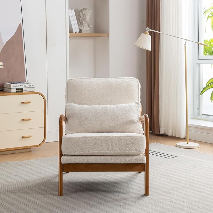 Mid-Century Accent Chair,Sherpa Fabric Lounge Chair with Wide Armrest,Sherpa Fabric Armchair with Lumbar Pillow & Solid Wood Frame for Living Room, Bedroom, Balcony(White)