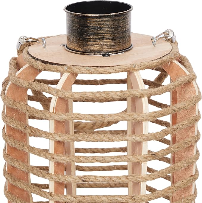 Alpine Corporation SKY392TM 28" H, Hemp Rope Wooden Lantern with Flickering LED Lights, Garden Decor for Patio, Lawn, and Yard