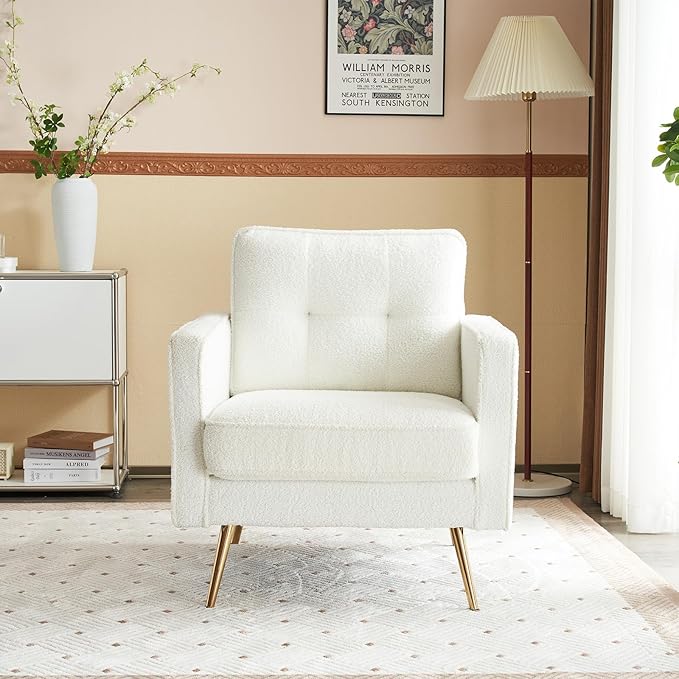 VINGLI Accent Chairs Set of 2 White Living Room Chairs Fluffy Teddy Fabric Mid Century Modern Sofa Chairs with Arms, Gold Legs for Reading, Bedroom, Waiting Room