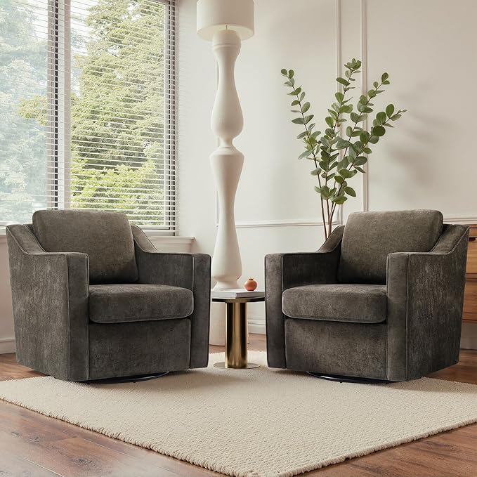 UIXE Swivel Accent Chair, Chenille Upholstered Arm Chair for Living Room, Modern Club Armchair Comfy Single Sofa Bedroom Reading Seat with Lumbar Pillow - Coffee