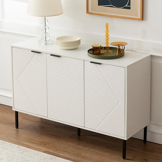 Kitchen Buffet Storage Cabinet, Modern 3 Door Coffee Bar with Shelves, Wooden Fluted Entryway Cabinet for Dinning Room, Living Room (1, Embossed White)