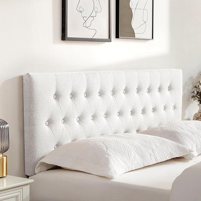 Tufted Upholstered Headboard King Size, Solid Wood Head Board with Durable Metal Legs, Adjustable Height Bed headboard from 37" to 51" Fabric Headboard in Modern Button Design, White