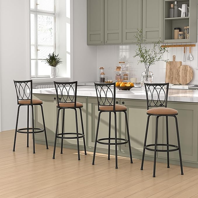 VECELO Barstools, Adjustable Counter Stools, Steel Bar Stools with 360 Degree Swivel Seat and Upholstered, Curved Line Backrest,