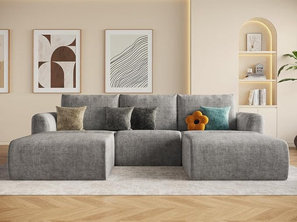 EASE MOOSE Cloud Couch Sectional Sofa, Large U-Shaped Oversized Modular Couch for Living Room, Minimalist Boneless Couches with Ottoman, 5-Seat Deep Sofas for Bedroom, Chenille (Light Grey)