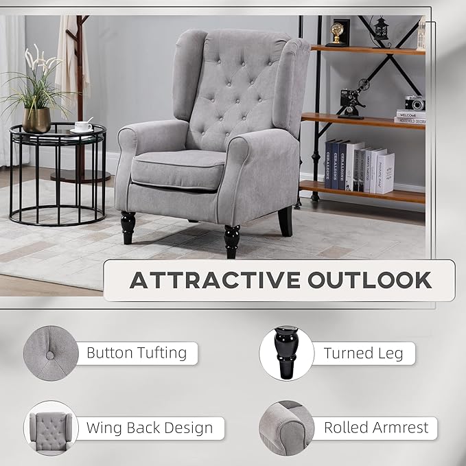 HOMCOM Mid-Century Modern Accent Chair, High Wingback Reading Chair, Button-Tufted Upholstered Fabric Armchair with Retro Wood Legs for Apartment, Living Room, Bedroom, Gray